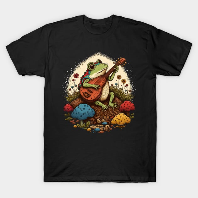 Cottagecore aesthetic cute frog playing ukelele on Mushroom T-Shirt by JayD World